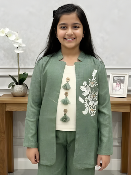Girls' Sage Green Embroidered Pant Set with Longline Jacket
