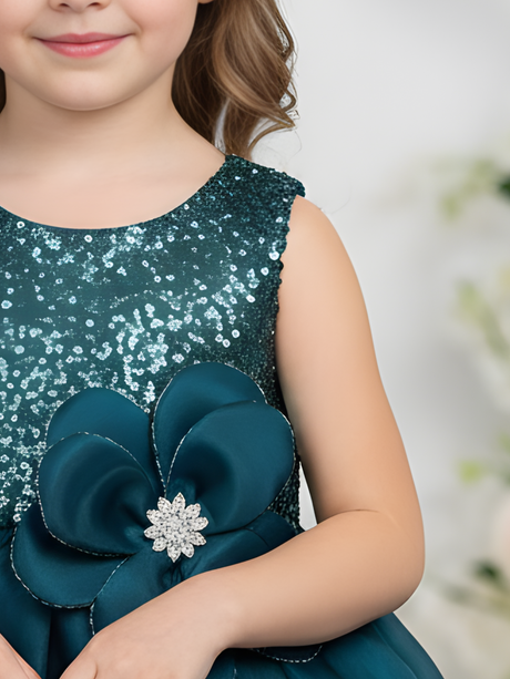 Girls' Teal Blue Sequin Bodice Party Frock with Satin Flower.