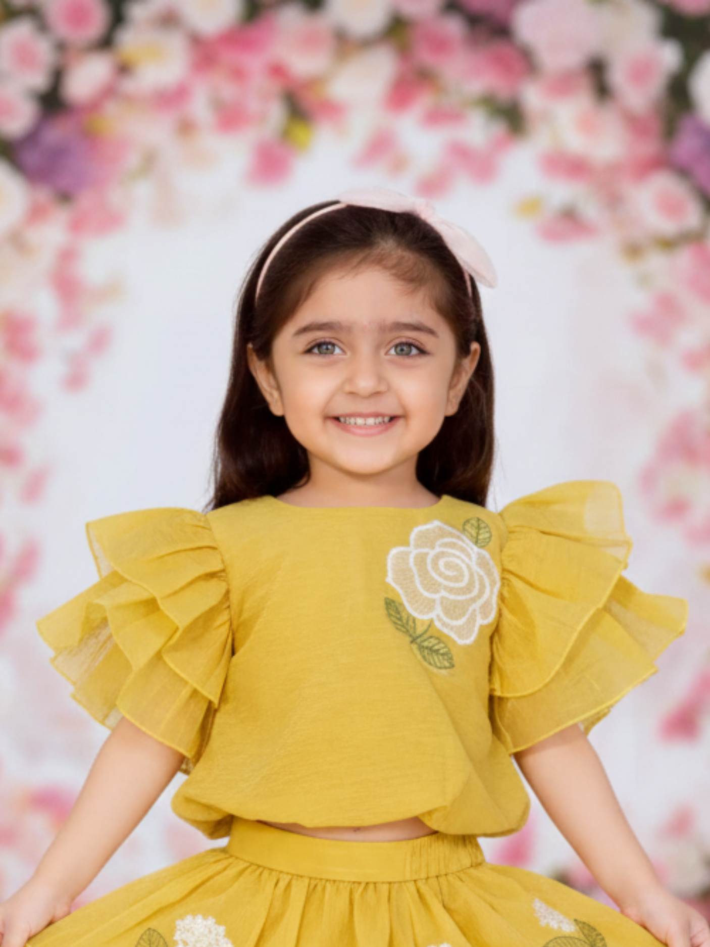 Chic Mustard Yellow Ruffle Top and Skirt Set with Floral Embroidery