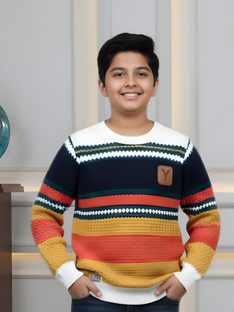 Boys' White Multi-Color Horizontal Stripe T-Shirt