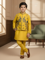 Kids Yellow Kurta Set with Embroidered Peacock Jacket – Festive Ethnic Wear