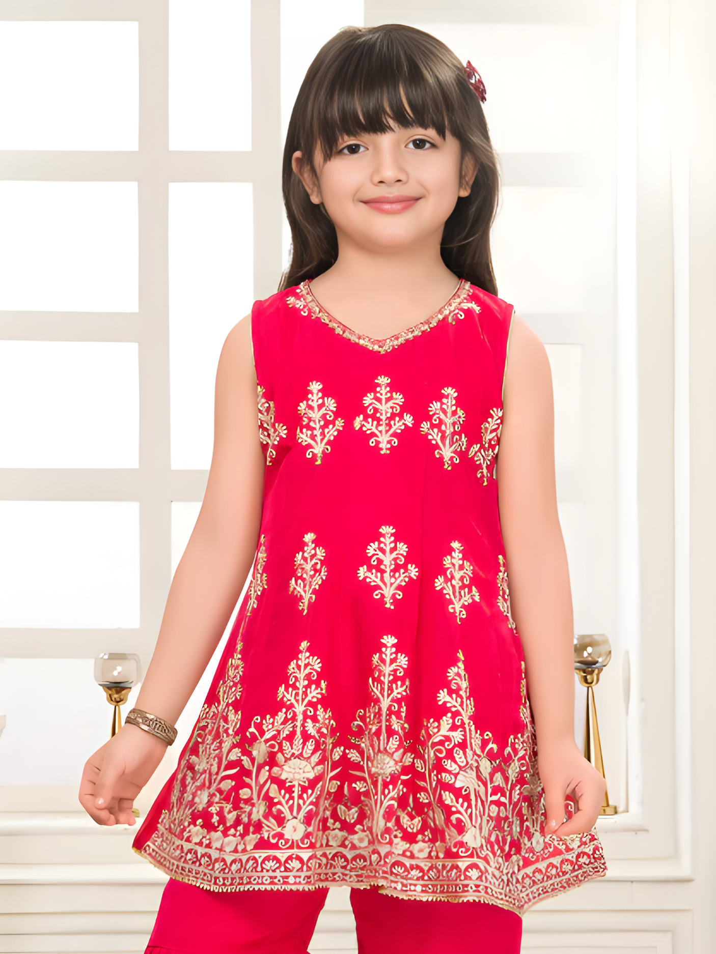 Girls' Rani Pink & Gold Embroidered Peplum Top Sharara Set.