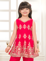 Girls' Rani Pink & Gold Embroidered Peplum Top Sharara Set.