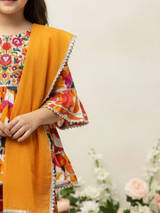 Girls Yellow Ethnic Printed Sharara Suit with Embroidered Kurti & Dupatta