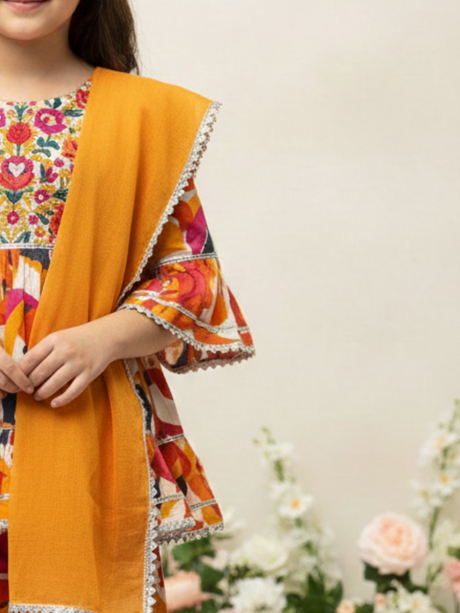 Girls Yellow Ethnic Printed Sharara Suit with Embroidered Kurti & Dupatta