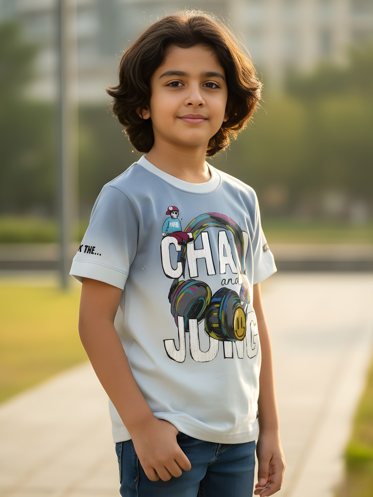 Boys'Blue Headphone Graphic Tee with Retro Street Vibe
