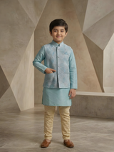 Boys Traditional With Work Chuddidar Kurta with Koti - Sky Blue