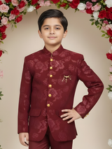 Boys' Maroon Velvet Sherwani with Gold Embroidered Motif