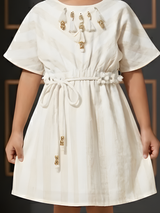 Girls' Cream Striped Boho Dress with Tassel Detail