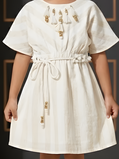 Girls' Cream Striped Boho Dress with Tassel Detail