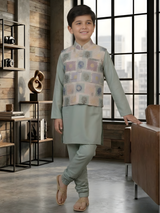 Boys' Sage Green Kurta Set with Multi-Color Patterned Nehru Jacket