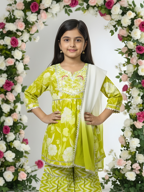 Girls' Lime Green Floral Peplum Kurta & Chevron Gharara Set.