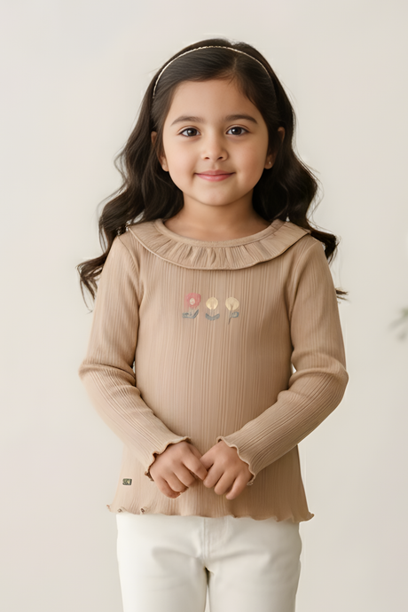Girls' Ruffled Ribbed Long-Sleeve Embroidered Top
