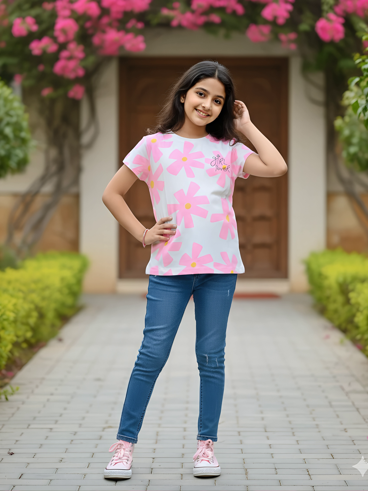 Girls' Pink Floral "Girl Power" Graphic Tops
