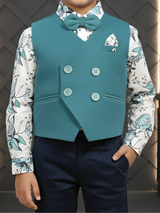 Boys' Teal Green Asymmetric Waistcoat Suit with Floral Shirt & Bow Tie