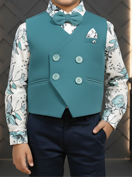 Boys' Teal Green Asymmetric Waistcoat Suit with Floral Shirt & Bow Tie