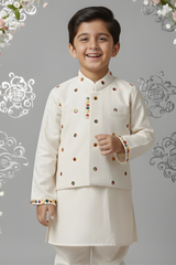 Boys' Ivory Cream Kurta Set with Intricate Embroidered Nehru Jacket