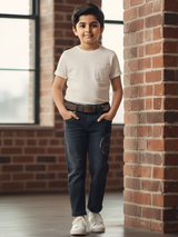 Boys' Graphic Print Dark Grey Stretchable Jeans