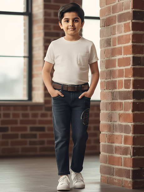 Boys' Graphic Print Dark Grey Stretchable Jeans