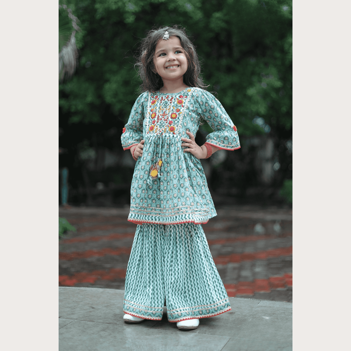 Girls Traditional 3/4th Sleeves Sharara Set - Green