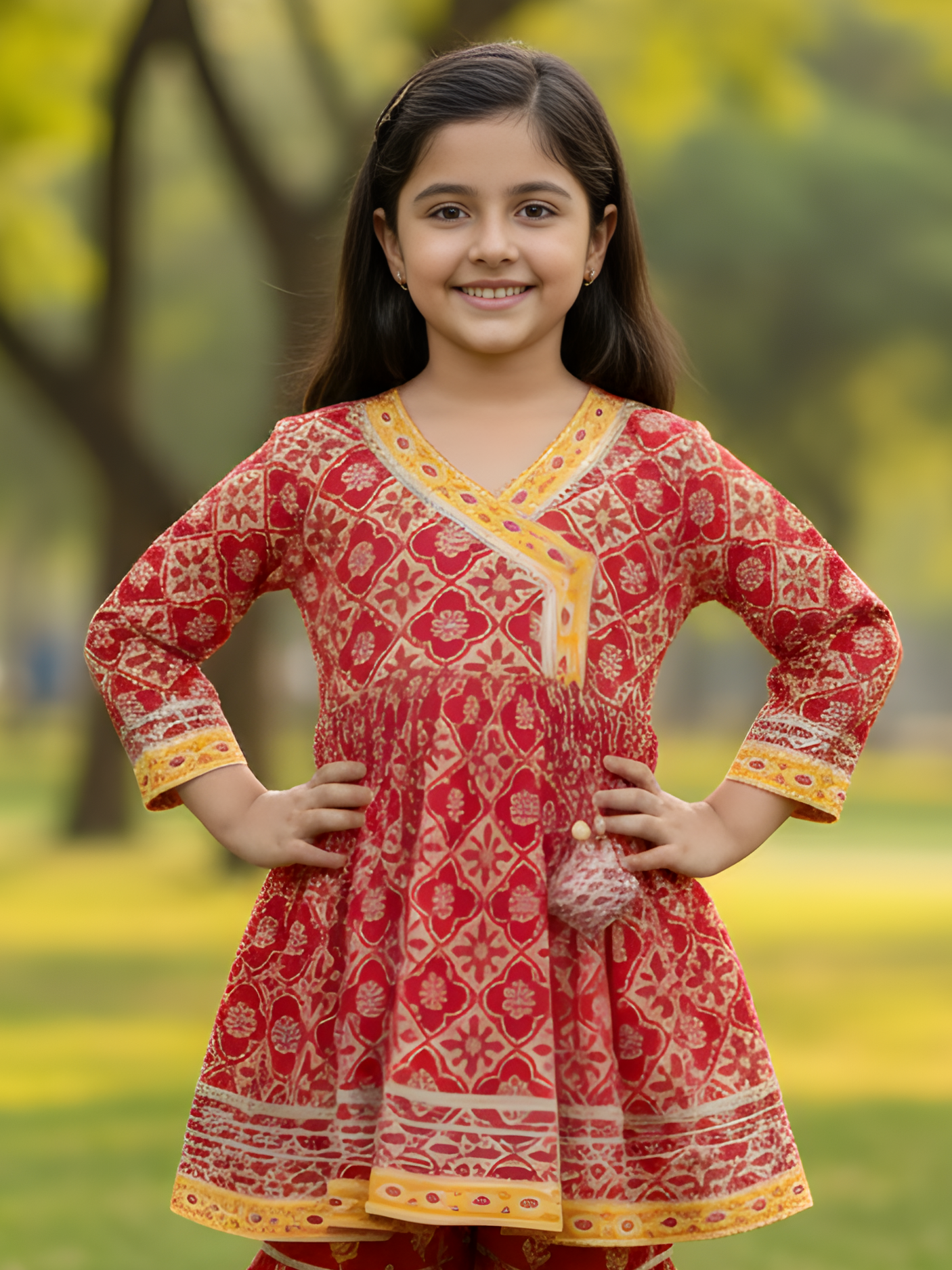 Girls Red & Gold Printed Sharara Set