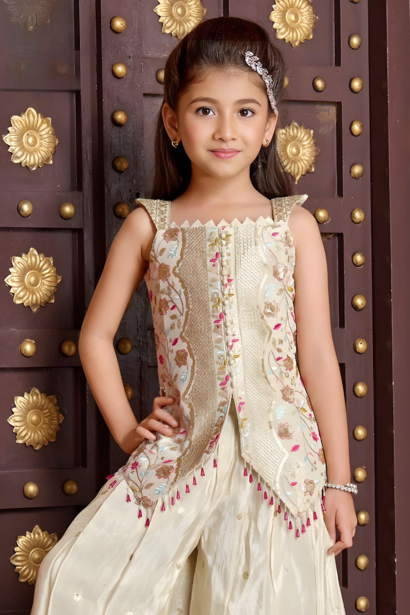 Girls Embroidered Cream Palazzo Set