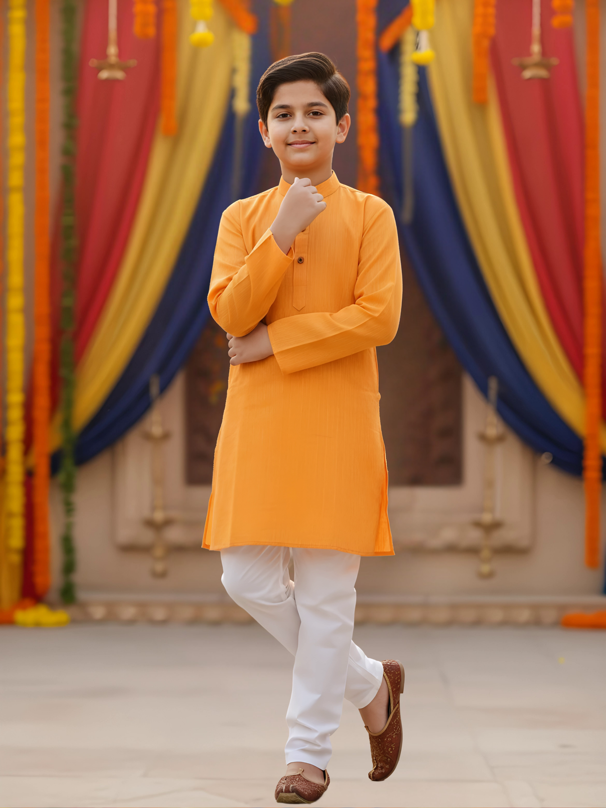 Boys Festive Yellow Kurta with White Pajama Set
