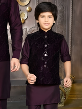 Boys' Dark Purple Kurta Set with Sequin Embroidered Waistcoat