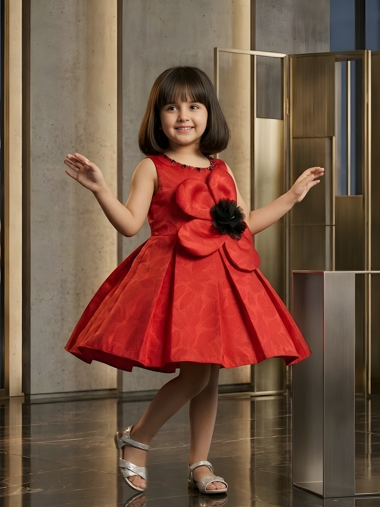 Girls' Ruby Red Sleeveless Party Frock with Black & Red 3D Flower