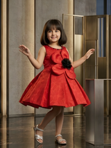 Girls' Ruby Red Sleeveless Party Frock with Black & Red 3D Flower