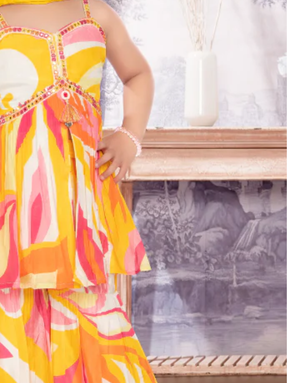 Girls Traditional Sleeves Less Ghagara Set - Yellow