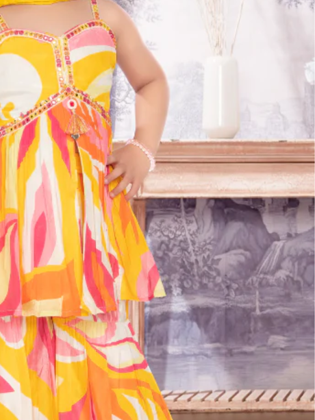 Girls Traditional Sleeves Less Ghagara Set - Yellow