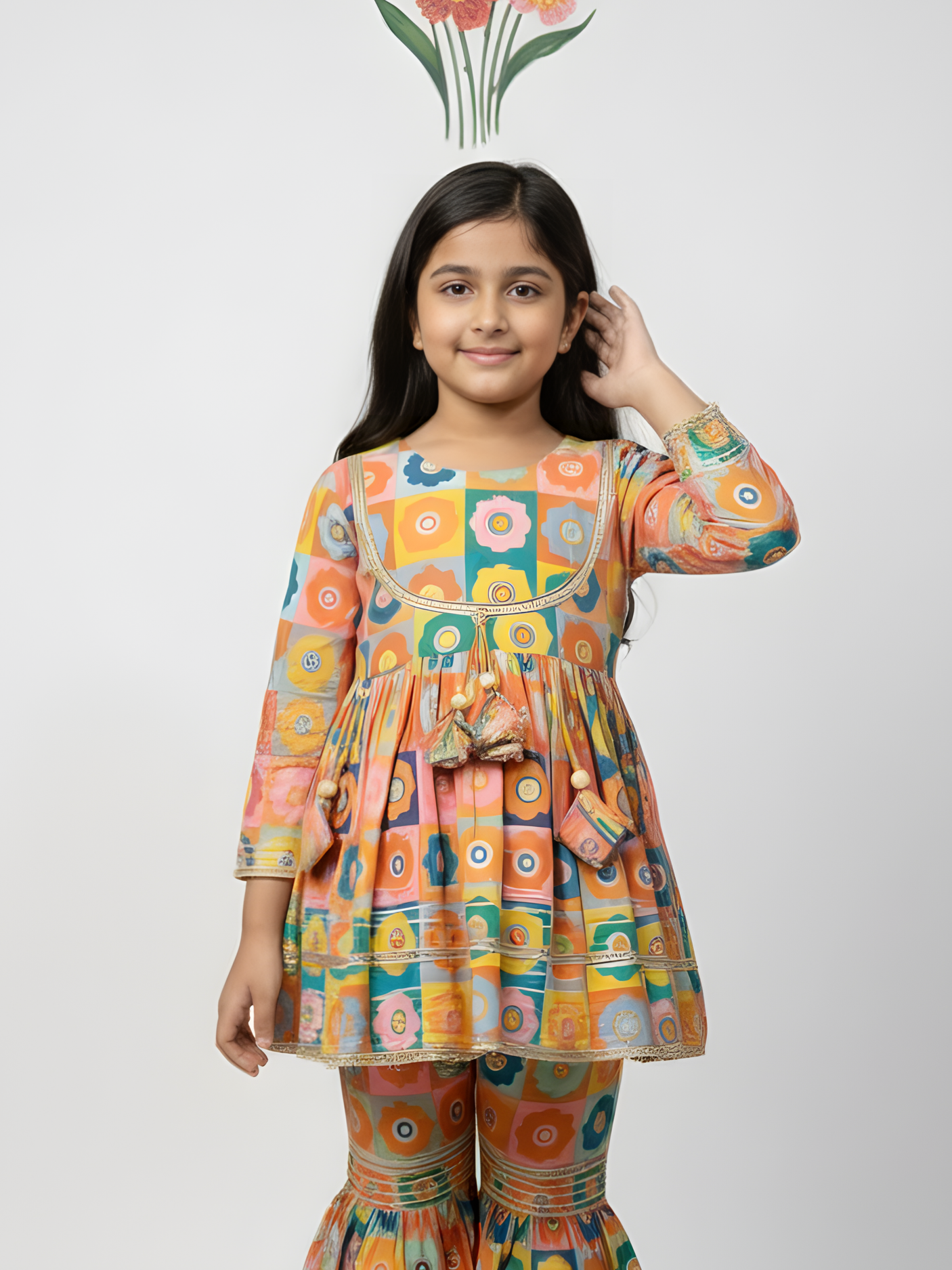 Girls Multi-Color Floral Print Sharara Set