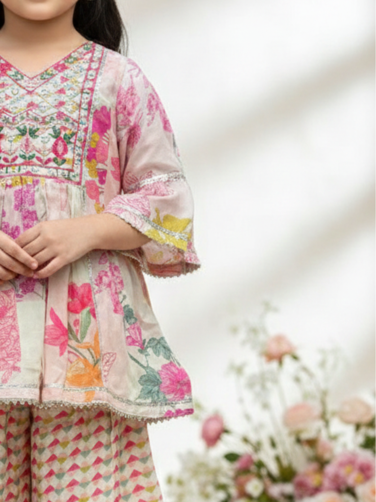 Girls Cream Printed Ethnic Suit with Embroidered Kurti & Sharara