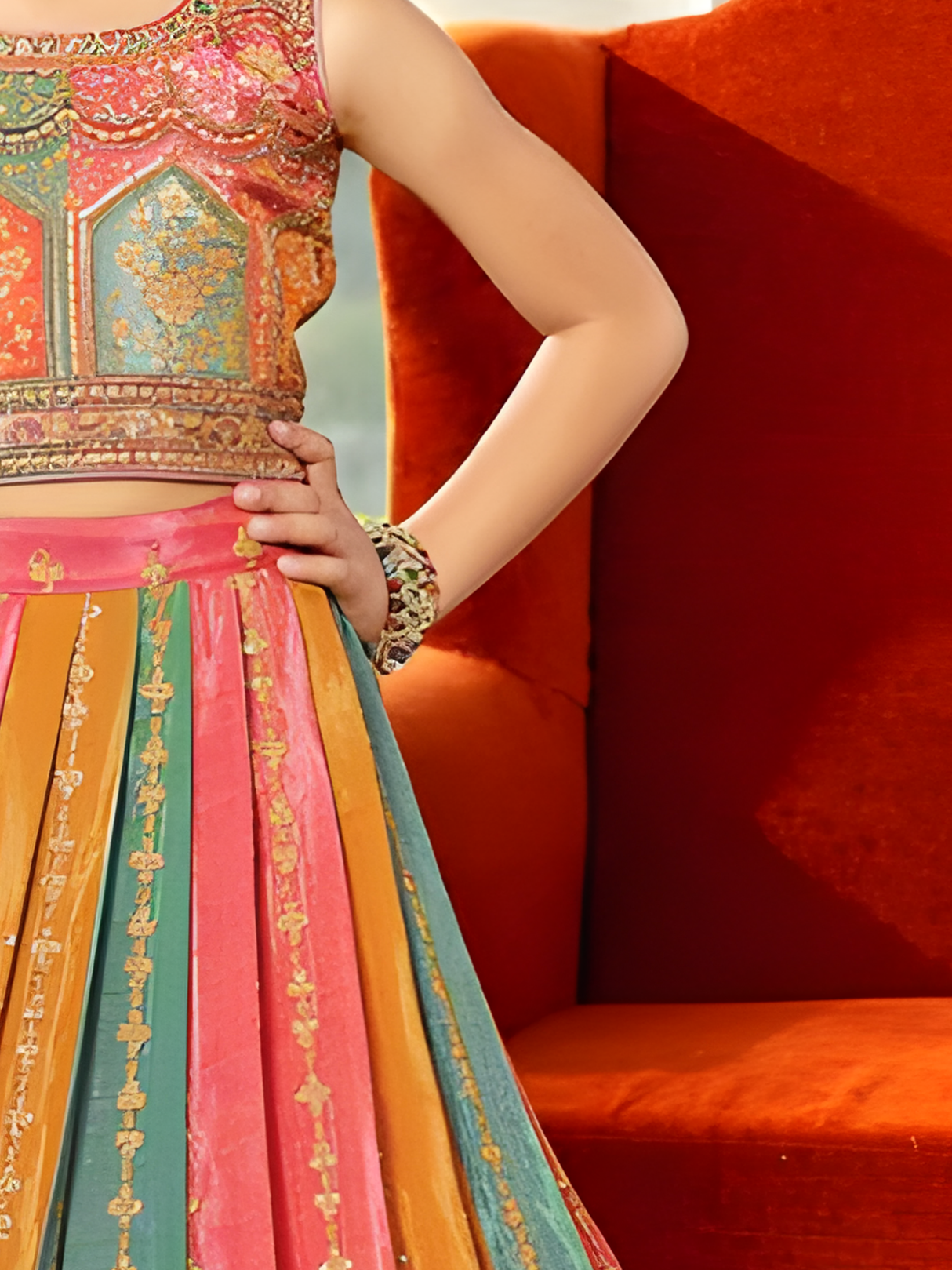 Girls' Teal & Pink Large Floral Printed Lehenga Choli