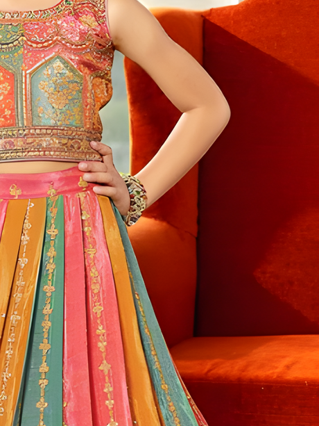 Girls' Teal & Pink Large Floral Printed Lehenga Choli