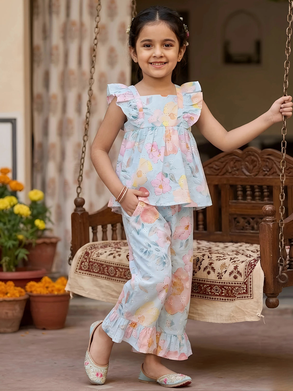 Girls Light Blue Floral Print Ruffle Co-ord Set
