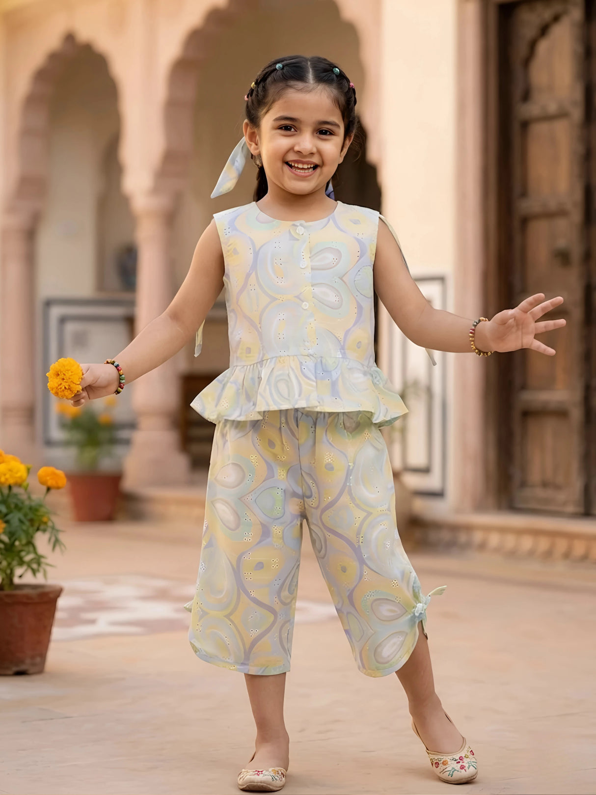 Girls Yellow Marble Swirl Cotton Co-ord Set