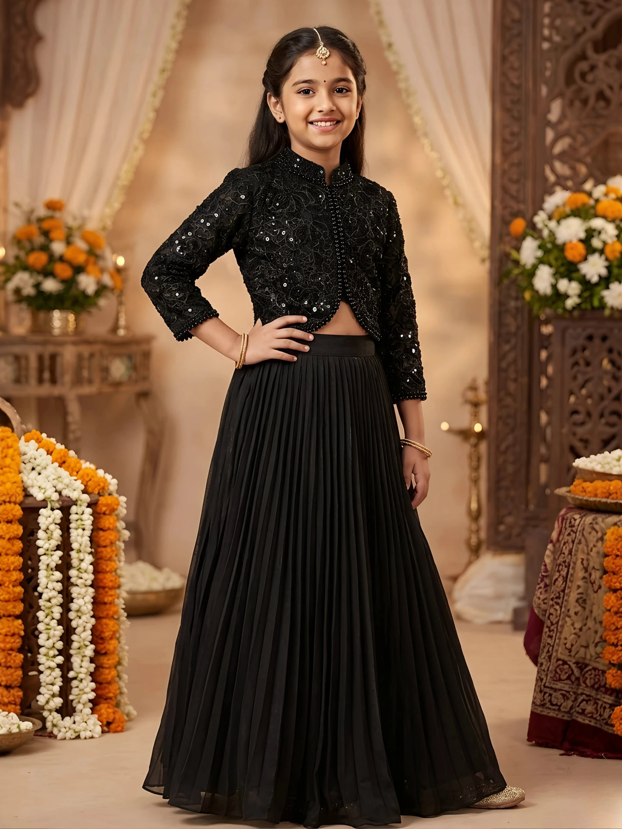 Girls Black Embroidered Jacket Style Choli Set with Pleated Lehenga