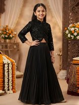 Girls Black Embroidered Jacket Style Choli Set with Pleated Lehenga