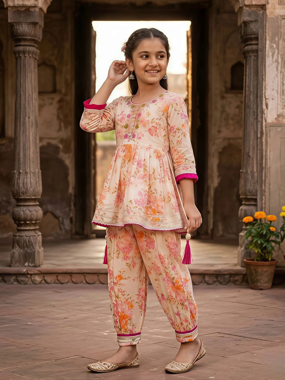 Girls Pink Floral Print Peplum Kurta and Pant Set