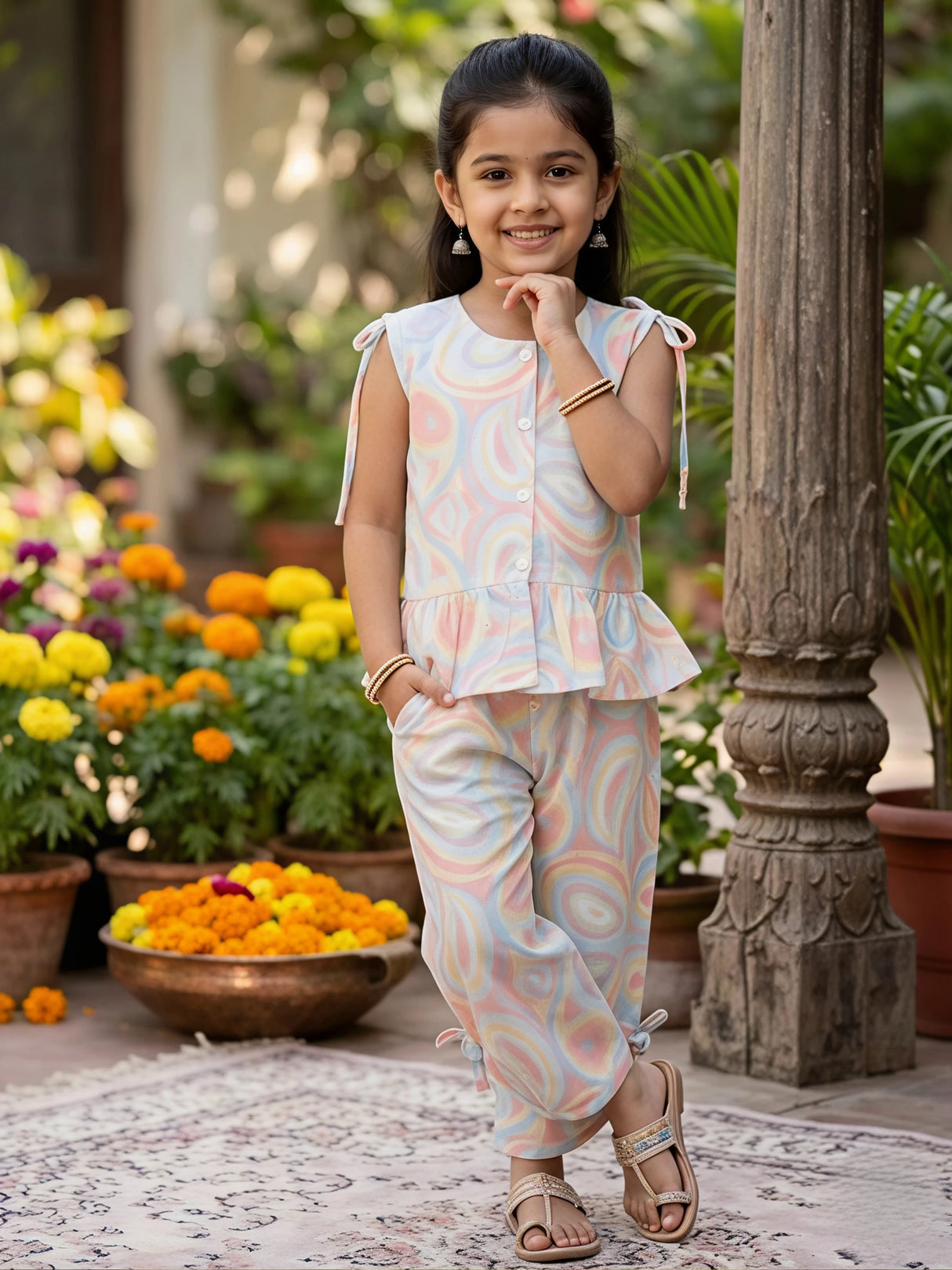 Girls Pink Pastel Swirl Peplum Co-ord Set