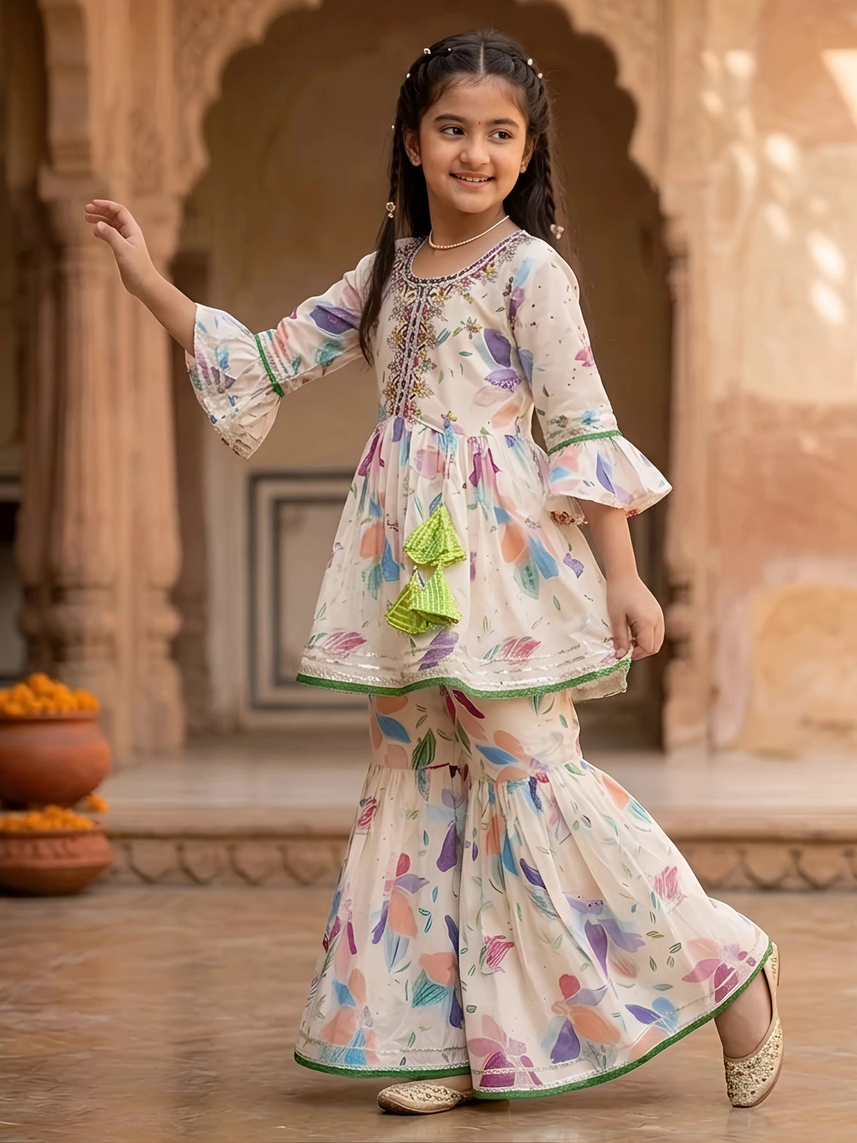 Girls Cream Floral Print Sharara Set - Two Piece Festive Outfit