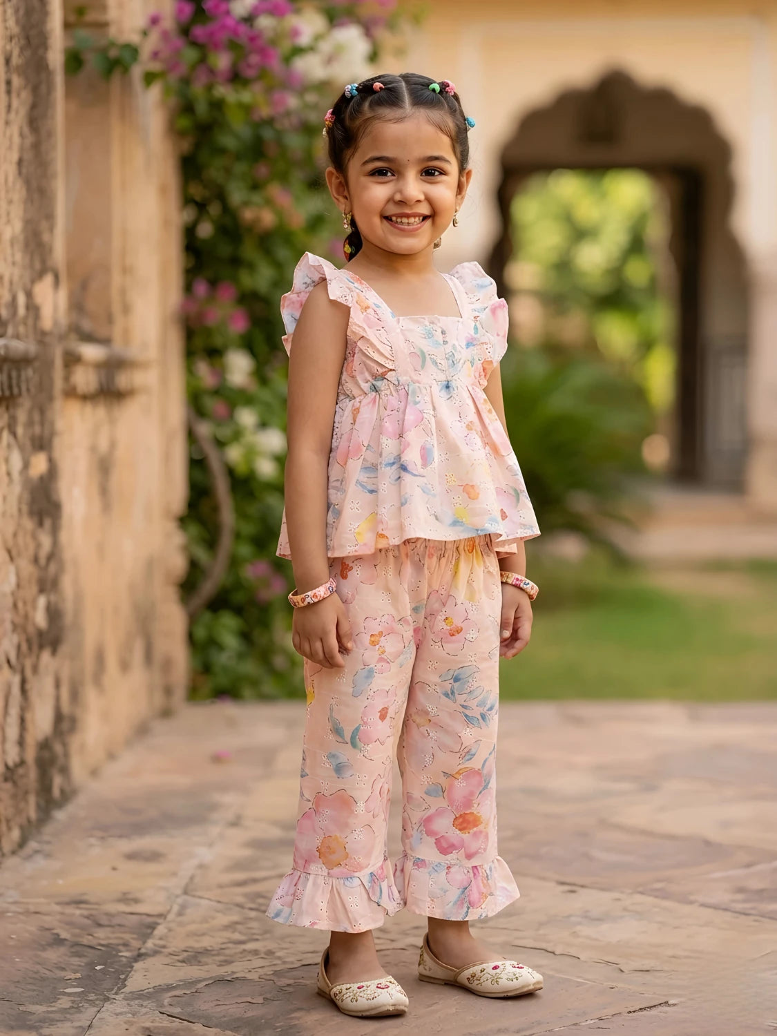 Girls Pink Floral Ruffle Coordinate Set
