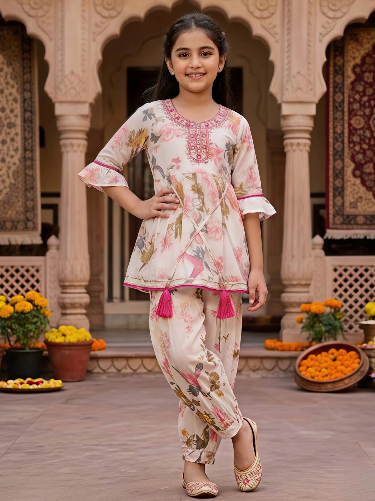 Girls Pink Floral Printed Peplum Kurta with Dhoti Pant Set