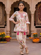 Girls Pink Floral Printed Peplum Kurta with Dhoti Pant Set