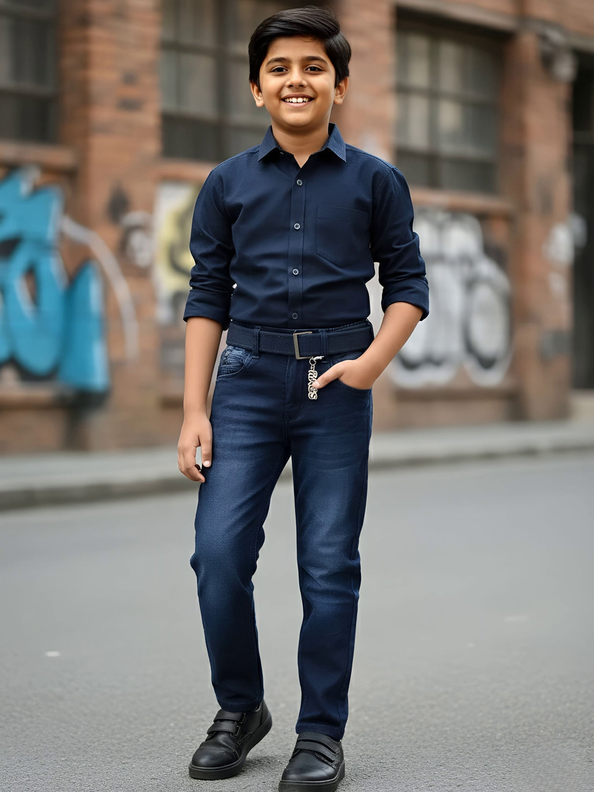 Boys' Premium Navy Blue Slim Fit Jeans with Belt