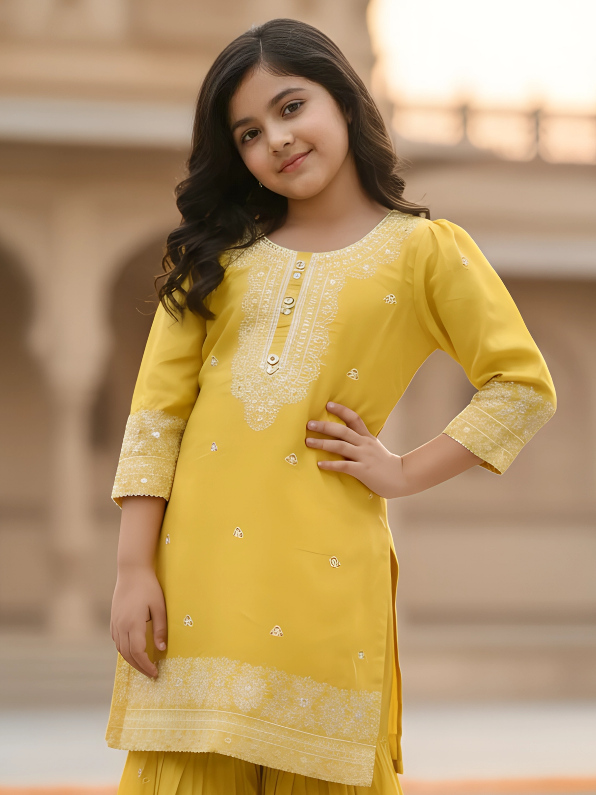 Girls Yellow Embroidered Kurti-Sharara Set