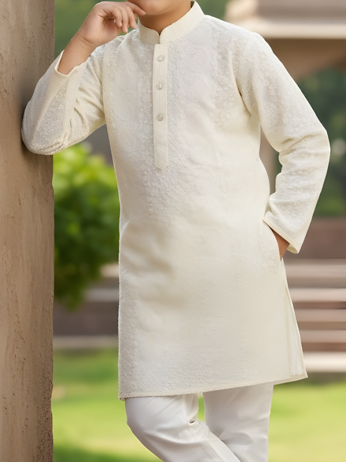 Boys Cream Lucknowi Embroidered Kurta Set