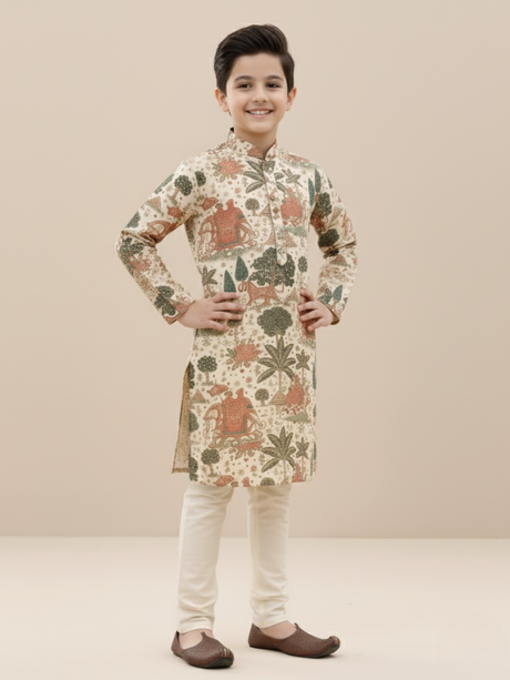 Boys Traditional Printed Chuddidar Kurta Set - Green